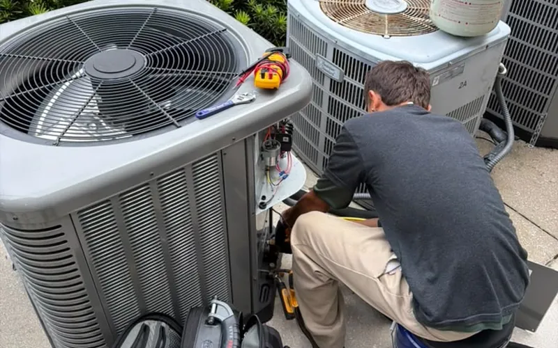 Technician crouched between outdoor AC units during a repair, tools and a meter laid out on top