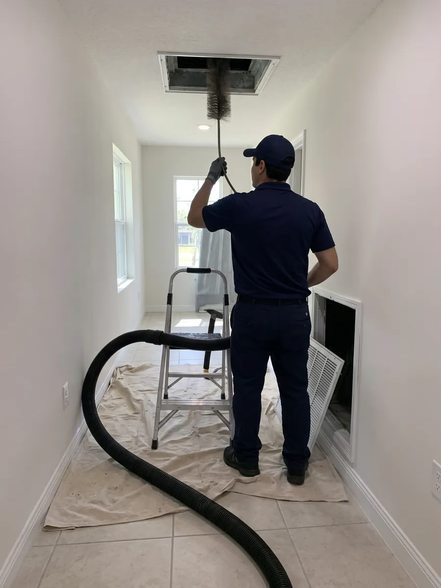 Technician running a rotary brush up into an open ceiling vent in a hallway