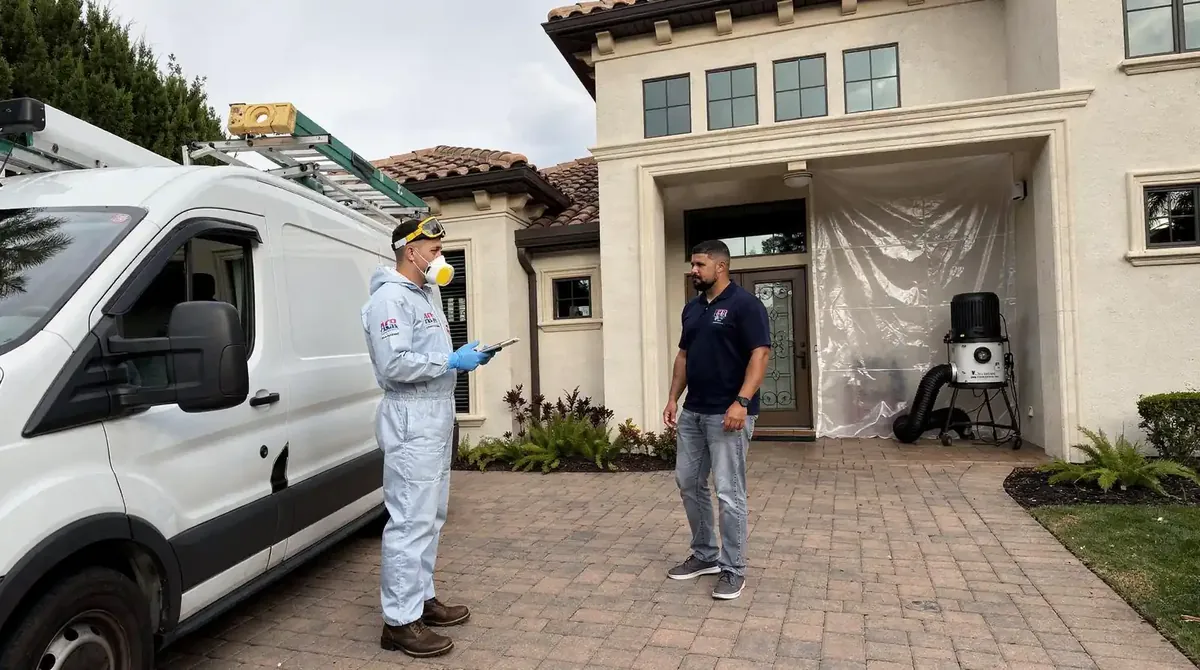 Technician in a protective suit and respirator talking with a homeowner outside a house with its entry sealed in plastic