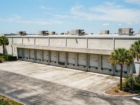 Warehouse with loading docks and rooftop HVAC units