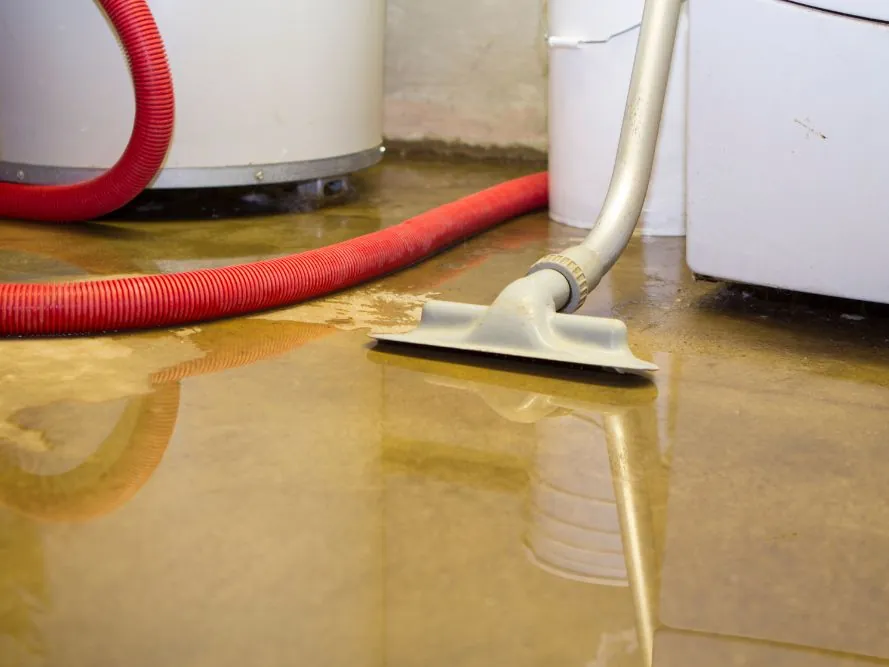 Wet vacuum removing standing water from a flooded floor