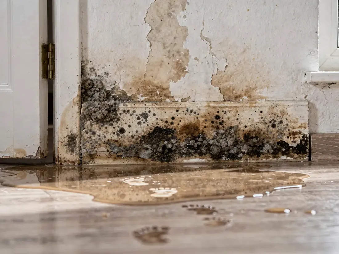 Dark mold growing along a baseboard and lower wall, with peeling paint and a puddle of water on the floor