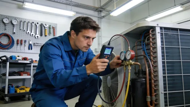 Technician checking an outdoor unit with manifold gauges and a digital meter