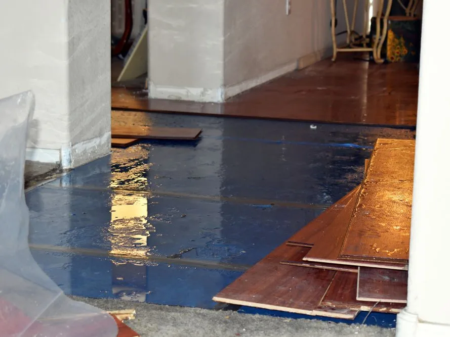 Standing water on a subfloor, with the wood flooring planks pulled up and stacked
