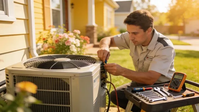 Technician testing the wiring of an outdoor AC unit with a multimeter