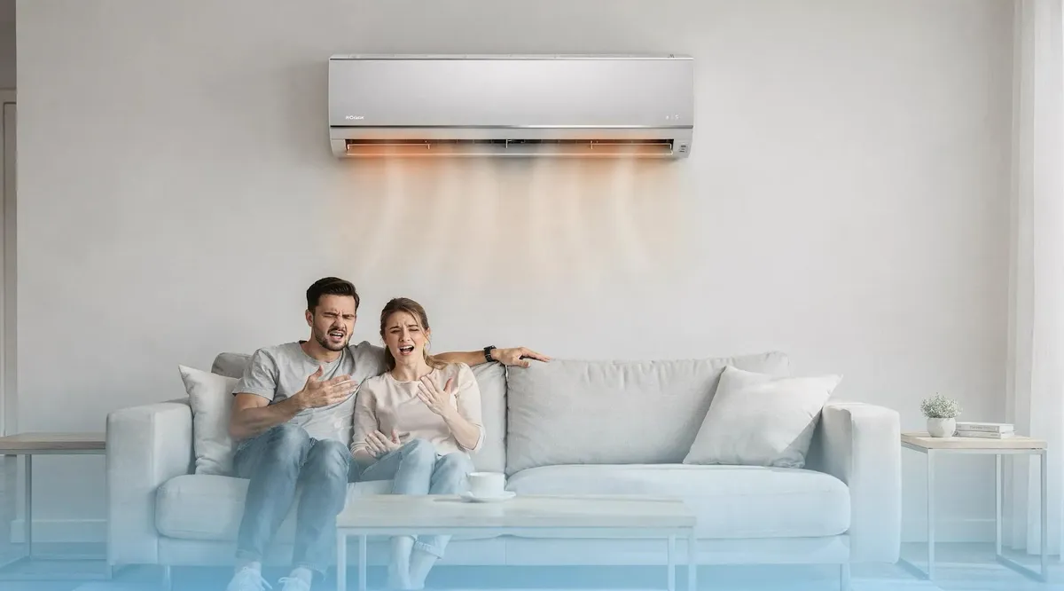 Couple on a sofa fanning themselves under a wall AC unit blowing warm air
