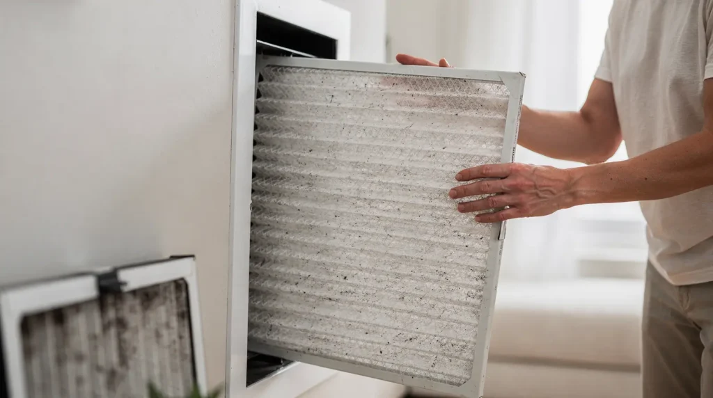 Replacing a dirty HVAC air filter to improve indoor air quality