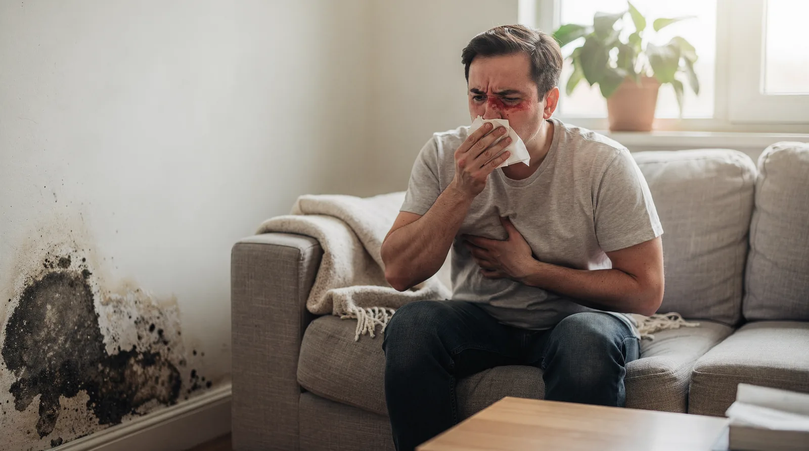 Homeowner suffering allergy symptoms from high humidity in house with AC running